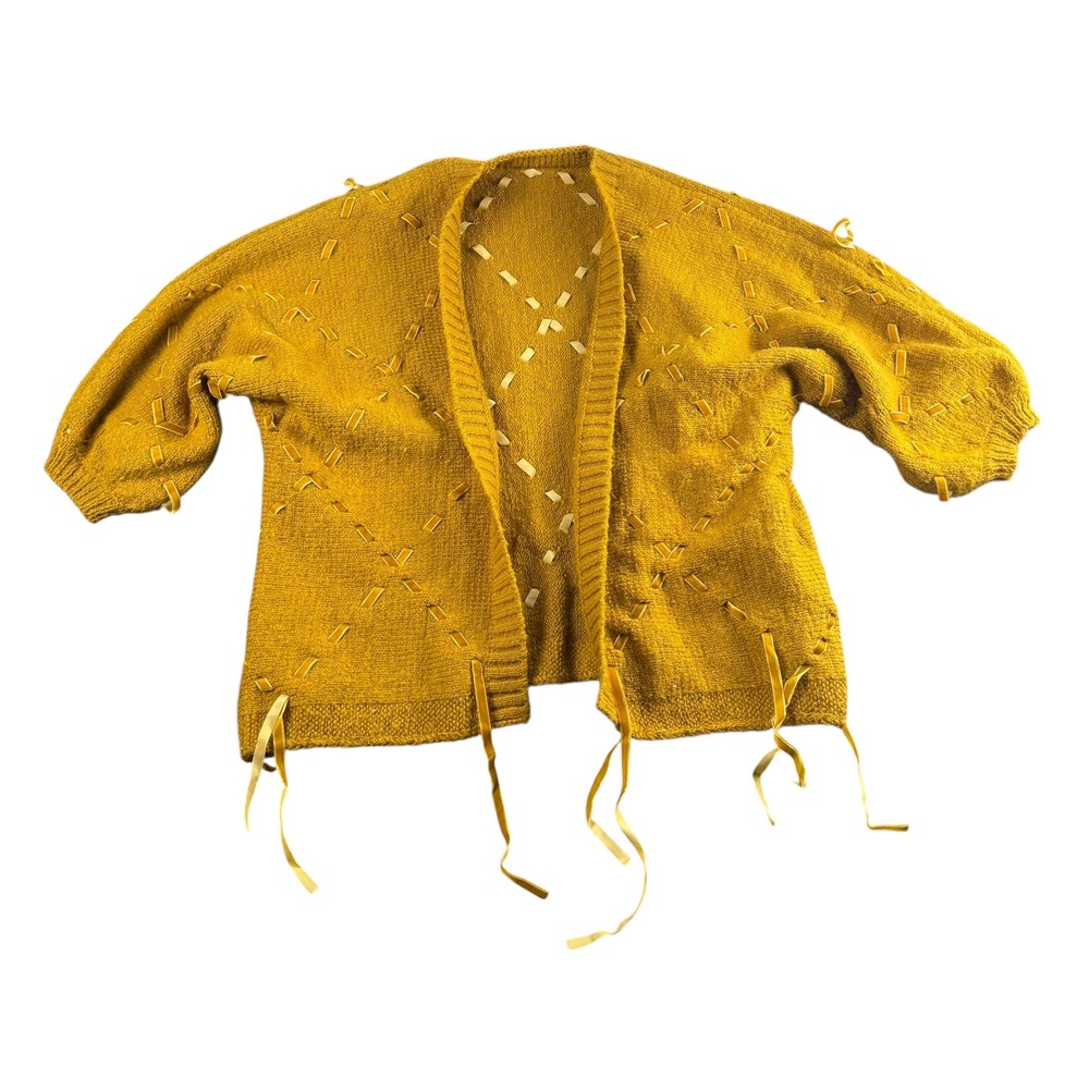 Anthropologie‎ Akemi and Kin Mustard Yellow Janet Velvet Ribbon Cardigan  488